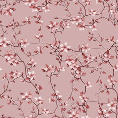 Fototapeta premium Seamless Pattern Design with Pink Floral Branches and Leaves on a Background – Perfect for Home Textiles, Fabric Design, Wall Decor, Scrapbooking, Digital Paper, Notebooks, and More