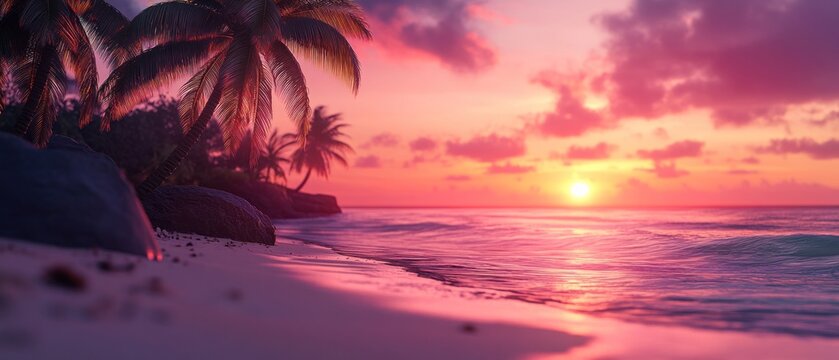 Pink sunset over tropical beach with palm trees. - Powered by Adobe