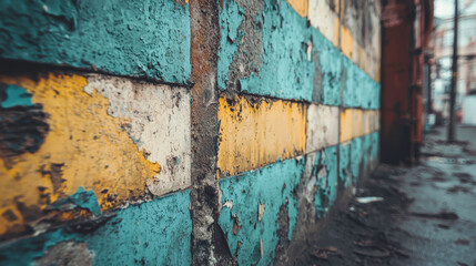 Weathered Grungy Wall with Peeling Paint in Vibrant Blue and Yellow Colors, Urban Texture Background for Creative Design and Art Projects