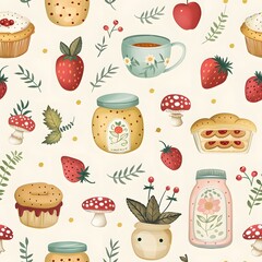 Sweet food pattern with cupcakes, tea, fruit, and desserts in a seamless design