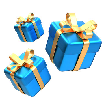 Three blue gifts with gold ribbons, arranged in a 3D design with a transparent background in PNG format, serving as design elements or gift icons