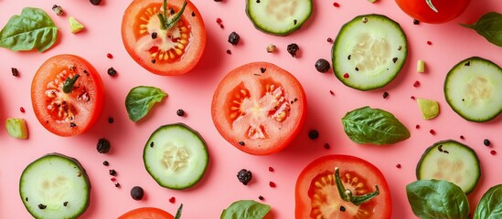 Vibrant Summer Salad: Tomatoes, Cucumbers, and Basil on Pink