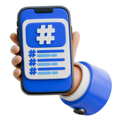 Fototapeta premium 3D Hand Holding Smartphone Showing Hashtag List Icon