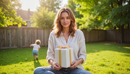 Mother cherishing gift moment in serene garden, family love
