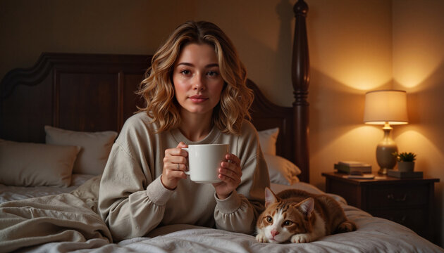Relaxed woman enjoying coffee in cozy bedroom, evening warmth