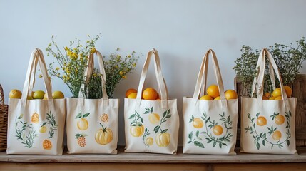 Cotton eco bags, fabric tote with handle for shopping. Vector realistic mockup of blank canvas packets for fruits and vegetables, textile reusable ecobags isolated on white background