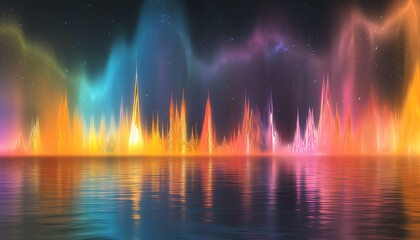 Naklejka premium Surreal digital art depicting a vibrant, purple and blue landscape with abstract, flowing structures resembling arches over a calm, reflective body of water