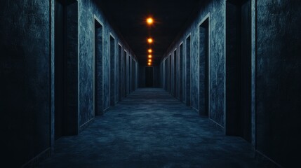 Obraz premium Illuminated Long Hallway with Bright Light at the End Creating a Sense of Mystery and Anticipation in a Quiet Space