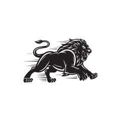 Bold Black and White Vector Illustration of a Fierce Running Lion with Stylized Mane and Minimalist Design