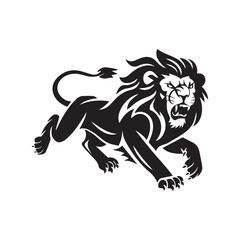Bold Black and White Vector Illustration of a Fierce Running Lion with Stylized Mane and Minimalist Design