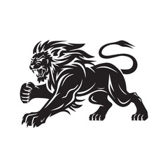 Bold Black and White Vector Illustration of a Fierce Running Lion with Stylized Mane and Minimalist Design