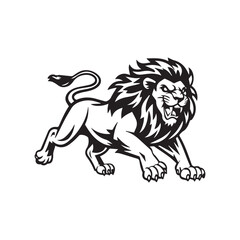 Bold Black and White Vector Illustration of a Fierce Running Lion with Stylized Mane and Minimalist Design