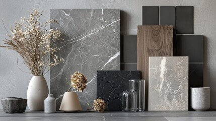 A modern mood board with gray-veined marble, rough stone textures, light walnut wood swatches, matte black tiles, and pale gray walls