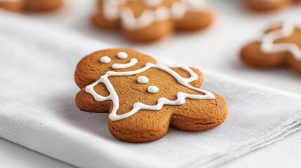 Minimal cookies idea. Delicious gingerbread cookie decorated with icing on a white cloth background.