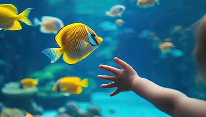 Naklejka premium Child's hand reaching towards a vibrant yellow and blue angelfish in a large aquarium. A captivating underwater scene filled with other tropical fish.