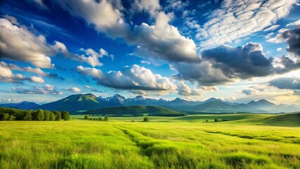 Fototapeta premium A vast green meadow stretching to the horizon, with distant mountains and a clear blue sky. Soft white clouds float gently, creating a serene atmosphere.