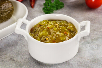 Souce gherkin relish with marinated cucumbers