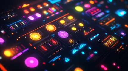 Obraz premium Game design interface with glossy buttons and panels. Vector cartoon set of ui elements different colors, circle buttons with icons, bars, sliders, arrows and login frame