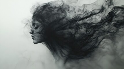 Fototapeta premium A surreal depiction of a woman's profile formed by flowing black smoke.