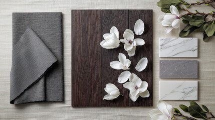A moodboard with dark mahogany wood panels, charcoal grey fabric swatches, smooth white marble, and scattered white magnolia petals on a soft beige background