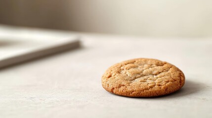 Minimal cookies concept. Freshly baked cookie placed on a rustic countertop, showcasing its golden texture.