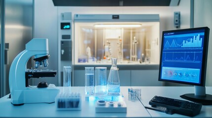 Cryonics laboratory empty interior with equipment and technics, cryo camera with low temperature regime, digital screen with graphs, desk with microscope and glass flasks, Cartoon vector illustration