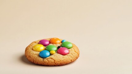 Minimal cookies concept. A colorful cookie with vibrant toppings on a neutral background.