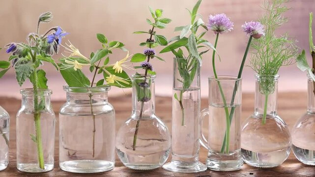 video of Green fresh plant in glass test tubes close up. Vaccine searching. Research on a new drug. Cosmetic creating.