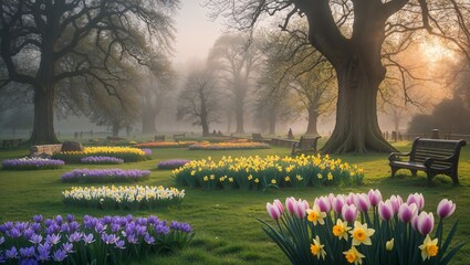 A Serene English Park in the Early Morning, Featuring Dew-covered Grass, Tranquil Pathways, and Soft Sunlight Filtering Through Tall Trees, Creating a Peaceful Atmosphere