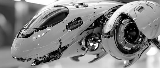 Futuristic vehicle design, grayscale rendering of a sleek, aerodynamic craft with detailed mechanical elements.