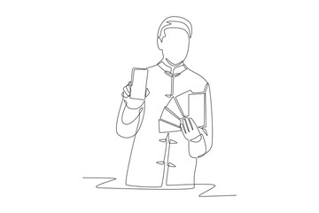 Man holding cellphone and red envelope. Digital red envelopes concept one-line drawing