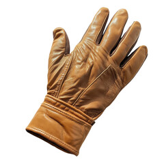 Tan leather glove with a brown band is displayed on transparent background.