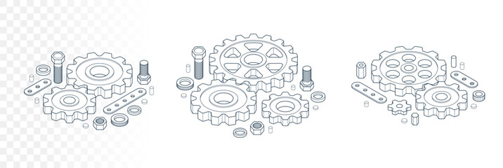 Engineer education concept set, gears and cogs composition isometric 3D vector illustration, study science in university, engineering learning.