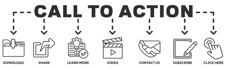 Call to action banner web icon vector illustration concept with icon of download, share, learn more, watch our video, contact us, subscribe, and click here