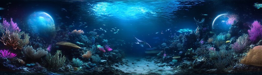 Enchanted underwater scene with vibrant coral, diverse fish, and ethereal glowing orbs. Perfect for fantasy, marine, or science fiction themes.