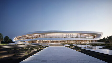Futuristic educational center with curved architecture blending seamlessly with its landscape