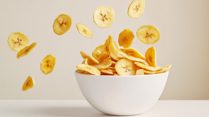 Freshly sliced banana chips burst from a white bowl, showcasing their crispy texture and vibrant color in a clean, minimalist setting