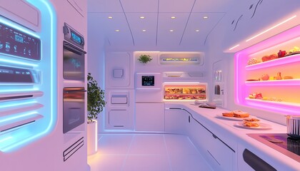 Futuristic kitchen design with integrated appliances, neon lighting, and sleek white cabinets. Modern, minimalist, and technologically advanced.