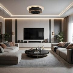 A large living room with a couch, coffee table, and television