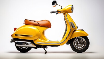 A bright yellow scooter with retro detailing on a white background.