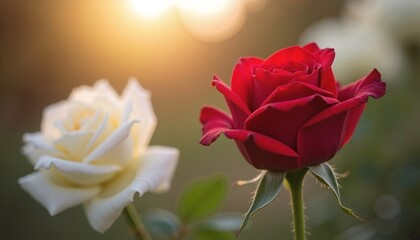 Radiant red and white roses in soft sunlight, perfect for romantic greeting cards