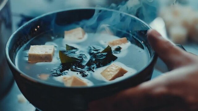 A warm bowl of traditional Japanese miso soup featuring soft tofu cubes and fresh seaweed. Steam rises from the clear, umami-rich broth, creating a cozy and inviting dining experience