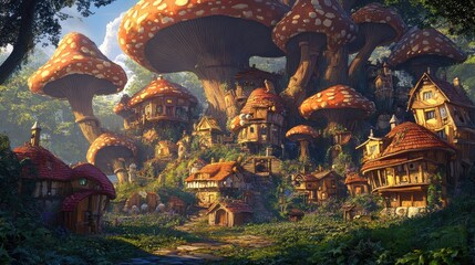 Obraz premium A whimsical village with oversized mushrooms and charming houses in a lush forest setting.