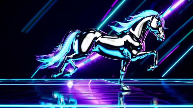 Creative neon unicorn gallops through a vibrant digital landscape filled with bright colors and geometric patterns