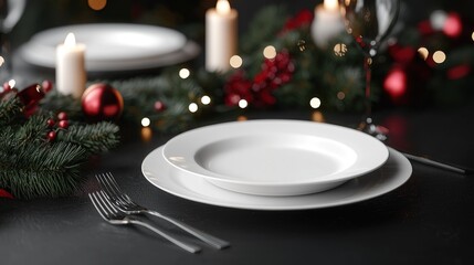 Christmas Eve Dinner Place Setting: Festive Table Decor with Elegant White Plates, Candles, and Sparkling Lights