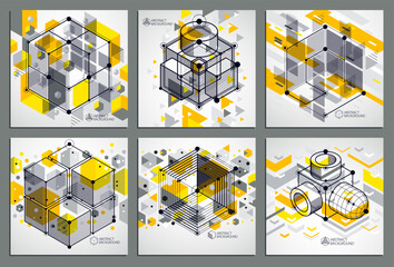 Fototapeta premium Abstract vector geometric isometric yellow backgrounds set. Mechanical scheme, vector engineering drawing with cube and geometric mechanism parts.