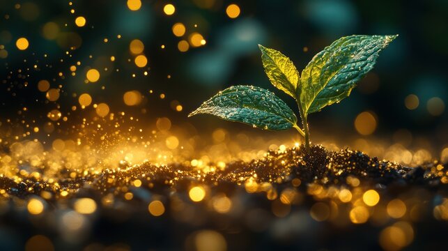 Young plant seedling sprouting from soil with golden light bokeh.