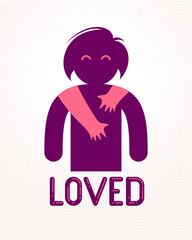 Beloved woman with care hands of a lover man hugging and caresses her shoulders, vector icon logo or illustration in simplistic symbolic style.
