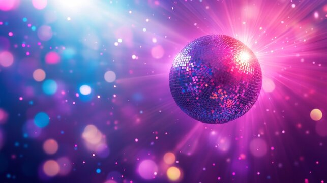 Disco party banner with light ball and speaker in night club. Vector landing page of music event, dance party with cartoon illustration of disco ball, purple invitation poster