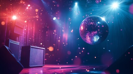 Disco party banner with light ball and speaker in night club. Vector landing page of music event, dance party with cartoon illustration of disco ball, purple invitation poster